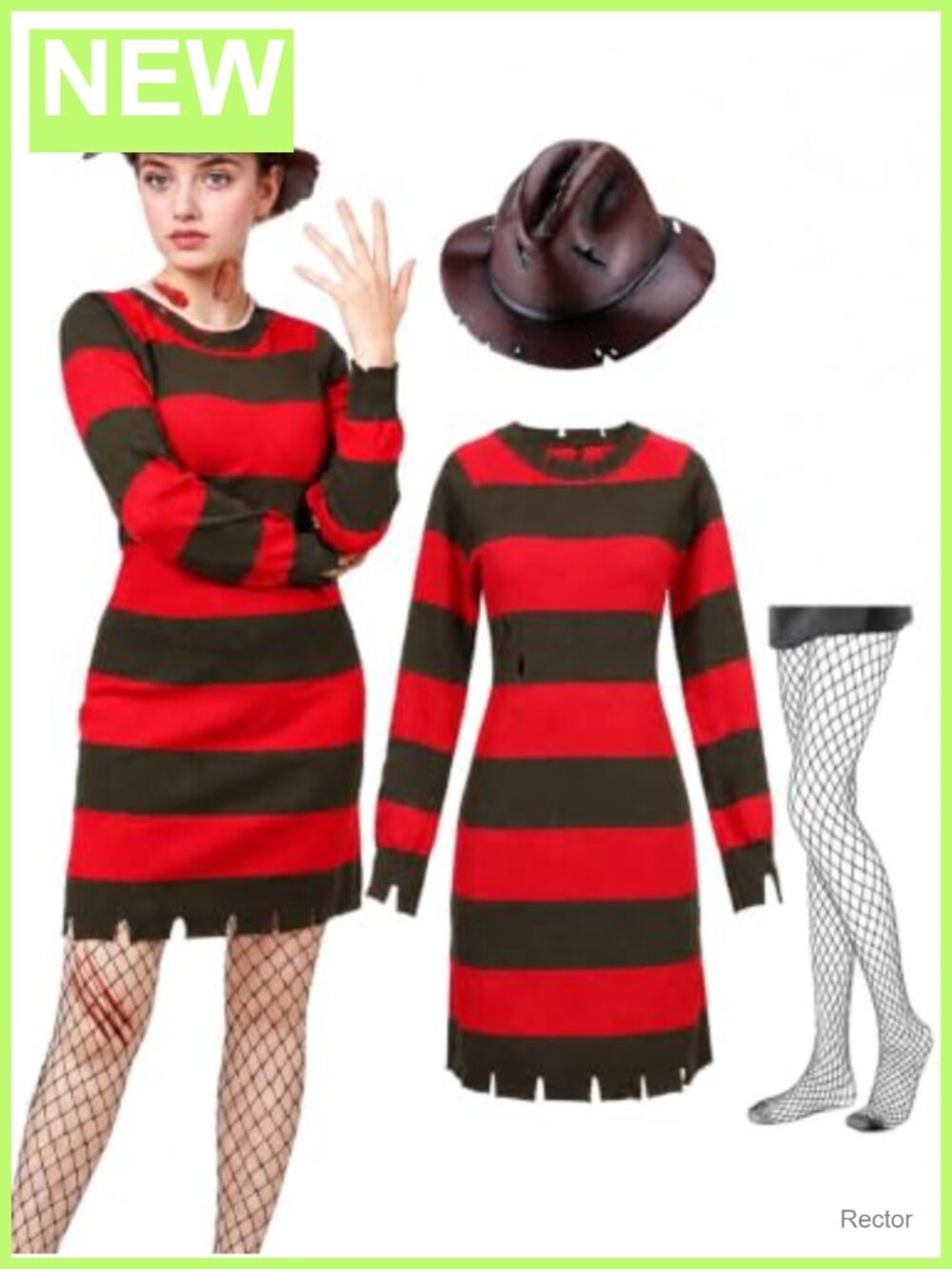 Halloween Costume Set Women Striped Sweater Dress Hat Glove Fishnet Scary Party